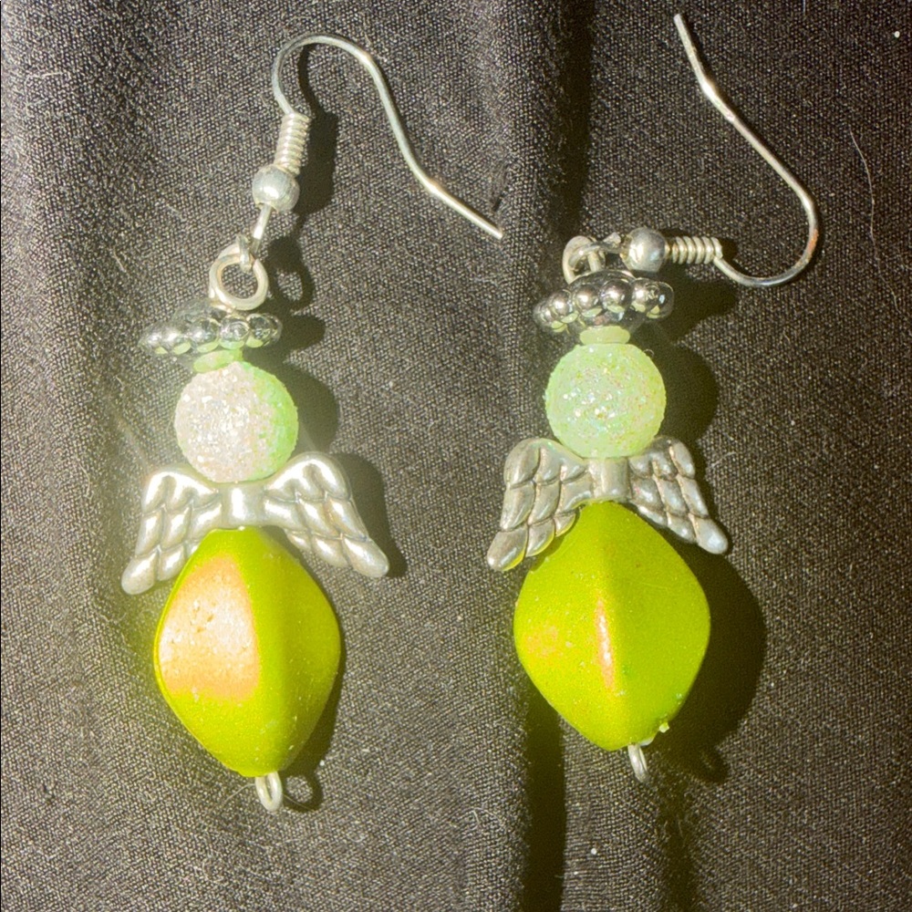 Lime Green and Silver Angel Earrings